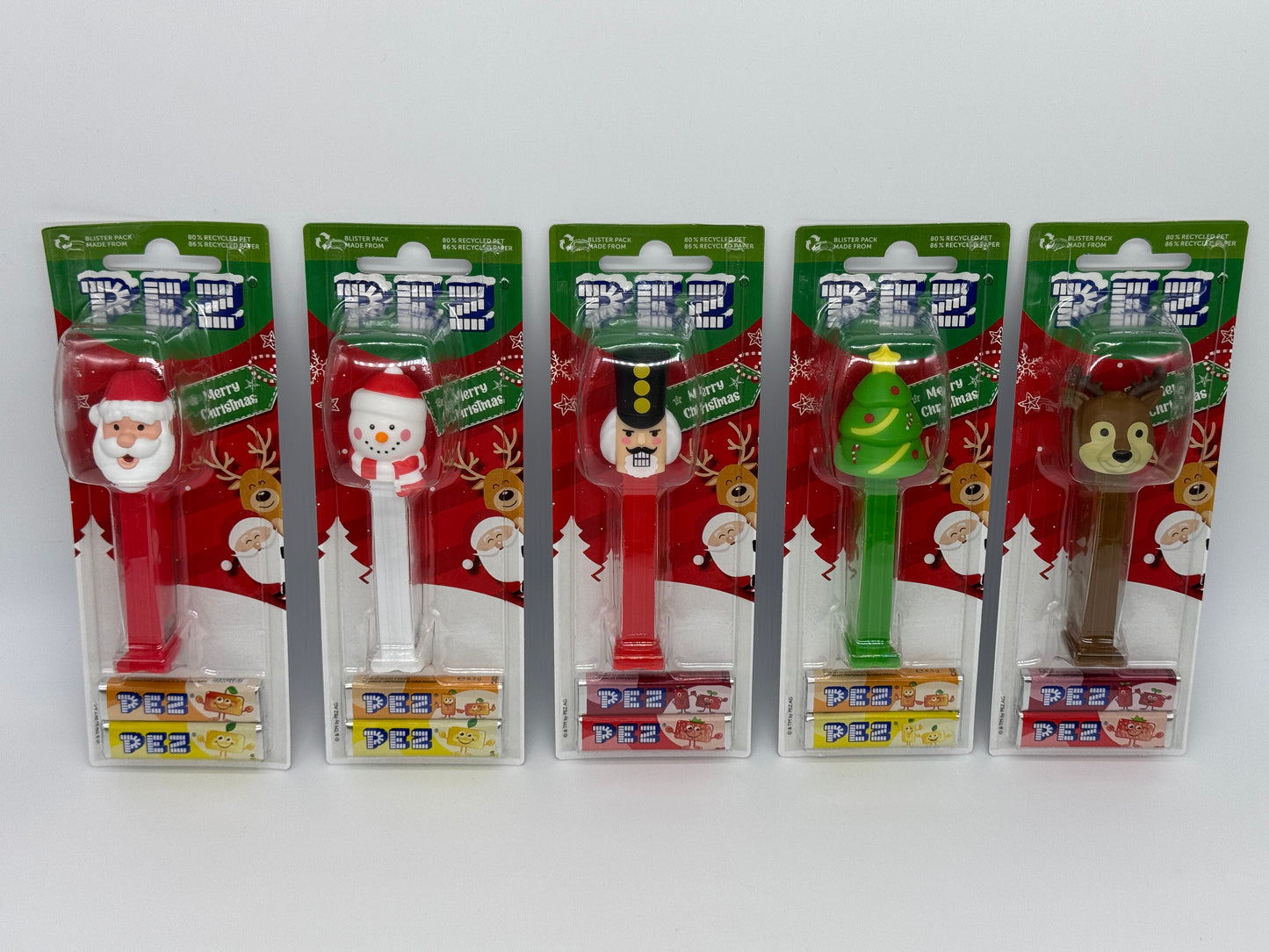 5x PEZ Merry Christmas "Weihnachtsmann, Schneemann, Baum, Rentier, Nussknacker"